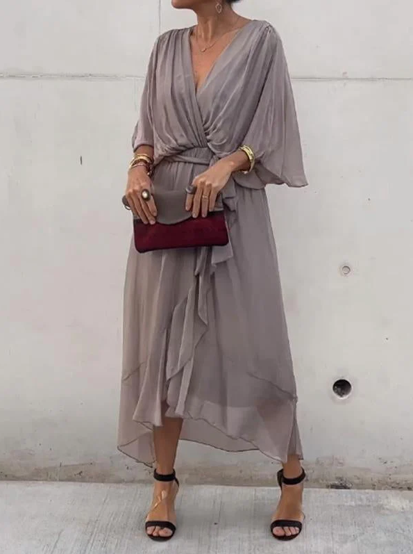 Pleated Chiffon Wrap V-Neck Kimono Sleeve Tie Waist Ruffle Maxi Dress