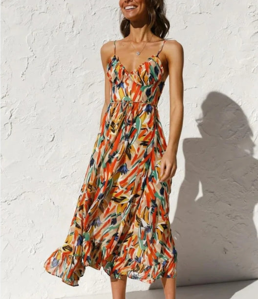 Spaghetti Strap Deep V-Neck Surplice Ruched Abstract Print Ruffle Hem Maxi Summer Dress