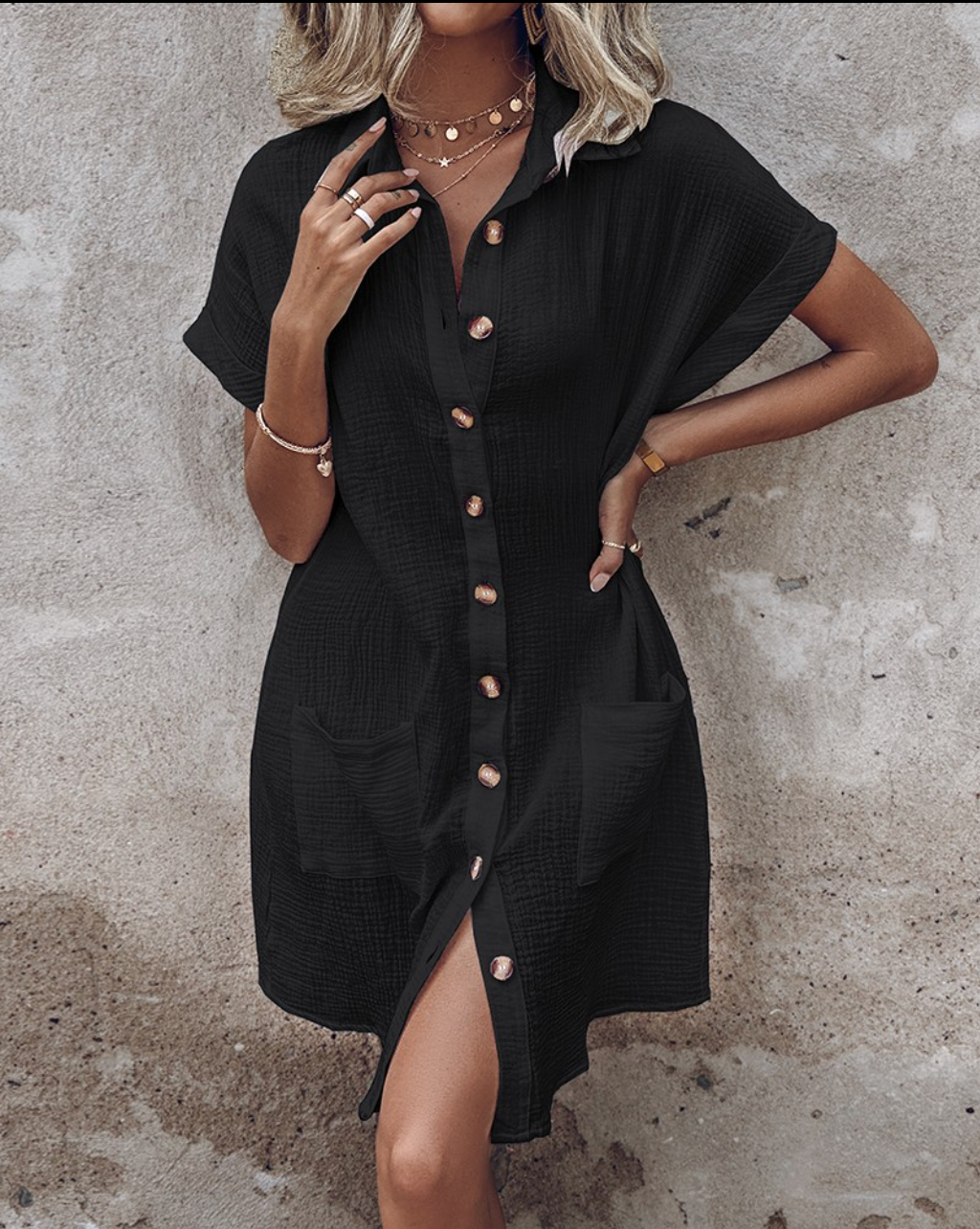 Textured Gauze Button Front Short Sleeve Shirt Dress