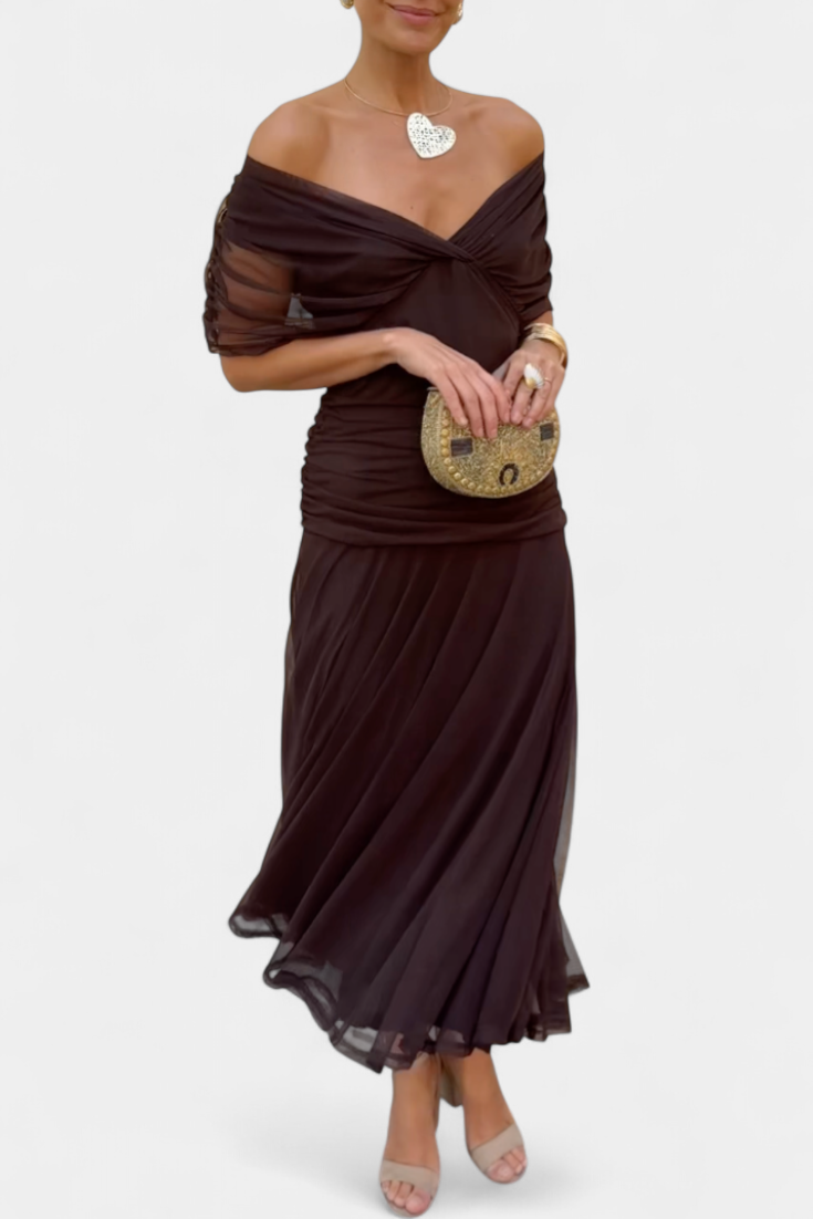 Chiffon Off Shoulder Twist Front Ruched Maxi Dress 2