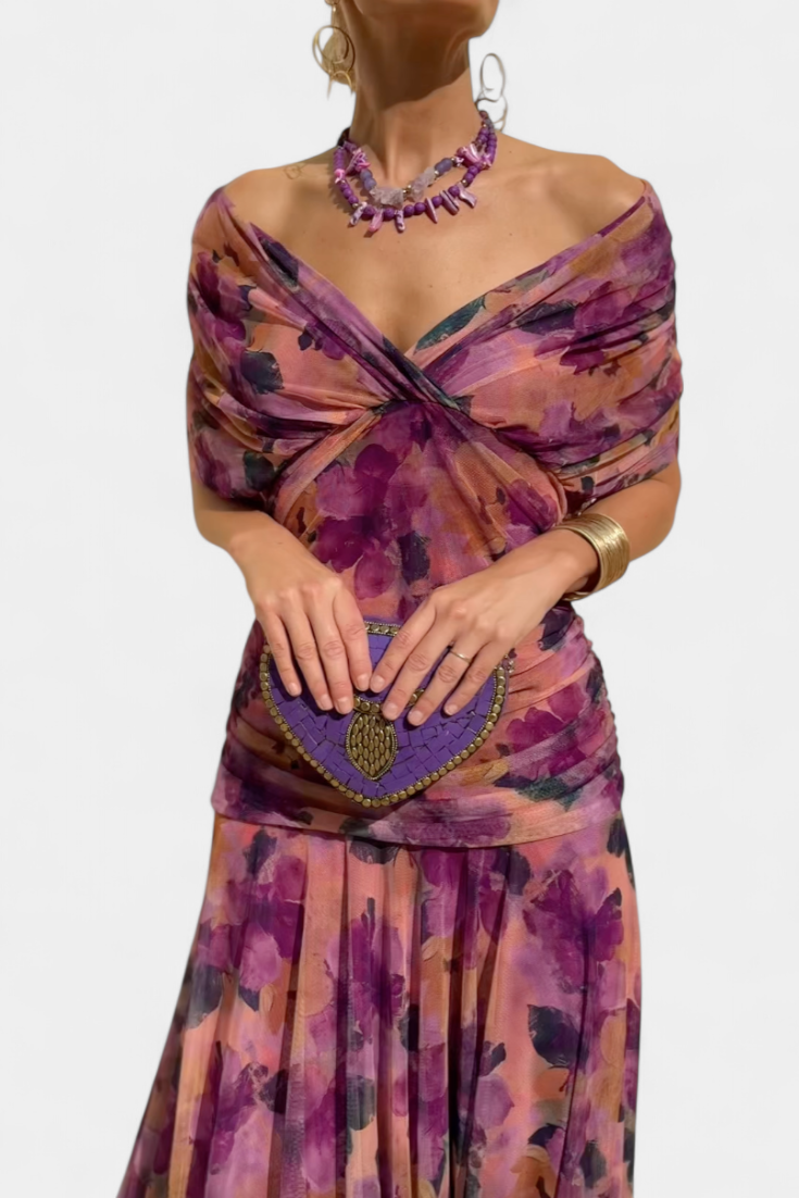 Chiffon Off Shoulder Twist Front Ruched Maxi Dress 5