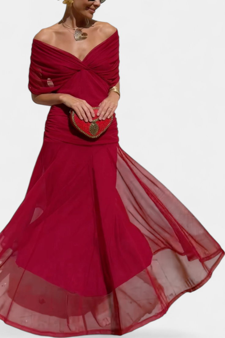 Chiffon Off Shoulder Twist Front Ruched Maxi Dress 11