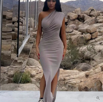 Ribbed Knit One Shoulder Ruched Diagonal Drape High Split Maxi Gown