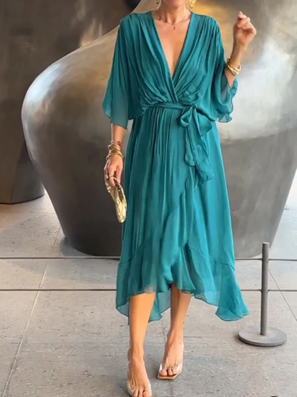Pleated Chiffon Wrap V-Neck Kimono Sleeve Tie Waist Ruffle Maxi Dress