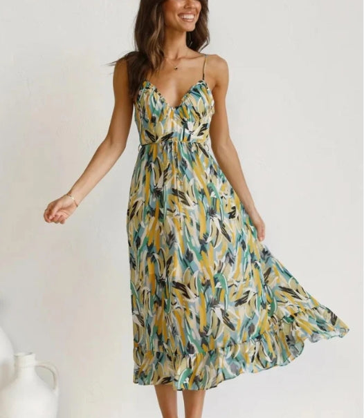 Spaghetti Strap Deep V-Neck Surplice Ruched Abstract Print Ruffle Hem Maxi Summer Dress