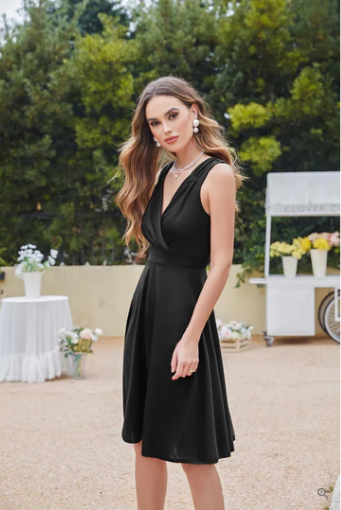 Surplice V-Neck Draped Bodice Sleeveless Fit and Flare Knee Length Cocktail Dress