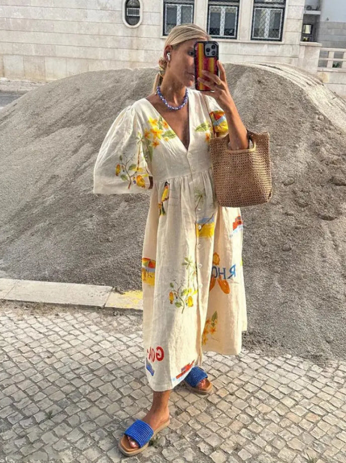 Tropical Graphic Print Deep V-Neck Button Front Short Sleeve Midi Dress