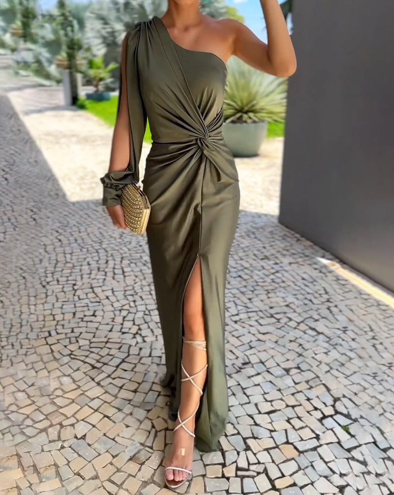 Satin One Shoulder Cape Sleeve Twist Front Ruched High Split Maxi Gown
