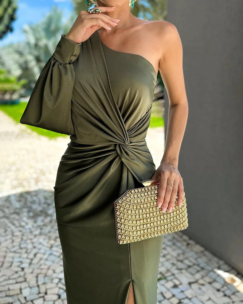 Satin One Shoulder Cape Sleeve Twist Front Ruched High Split Maxi Gown