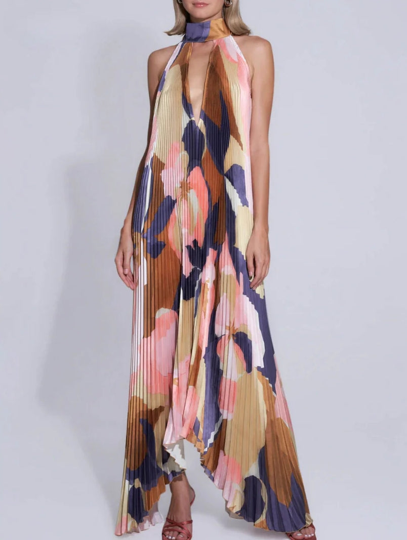 Halter Neck Deep V Pleated Flowy Maxi Dress