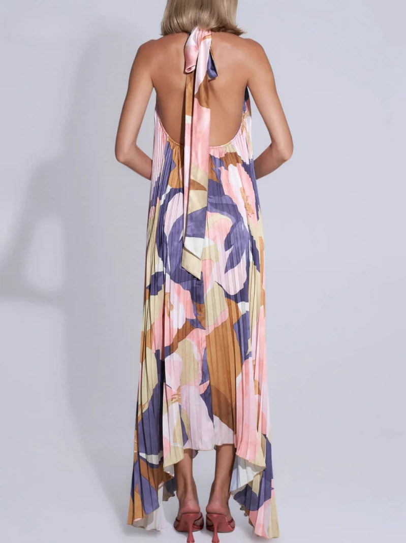 Halter Neck Deep V Pleated Flowy Maxi Dress
