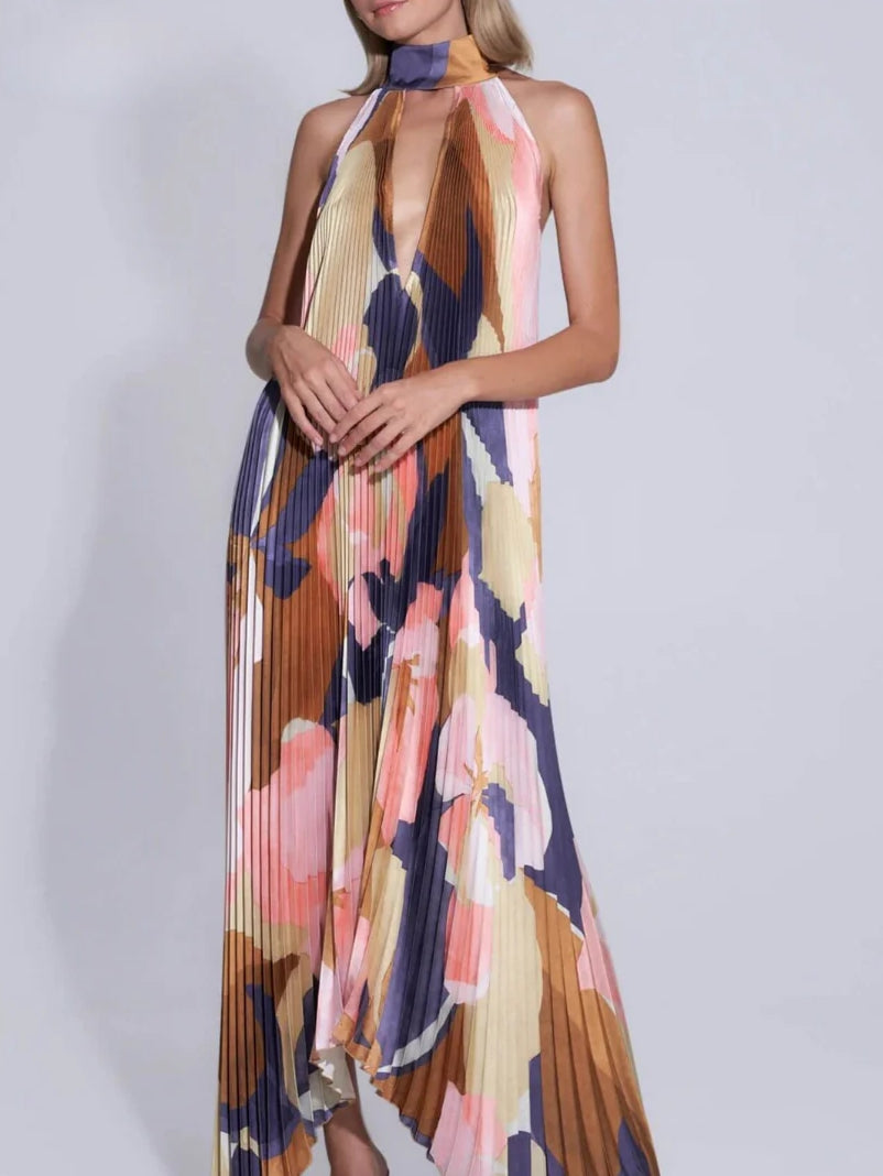 Halter Neck Deep V Pleated Flowy Maxi Dress