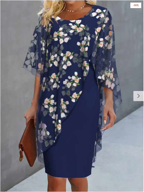 Floral Round Neck Chiffon Cape Sheath Midi Dress