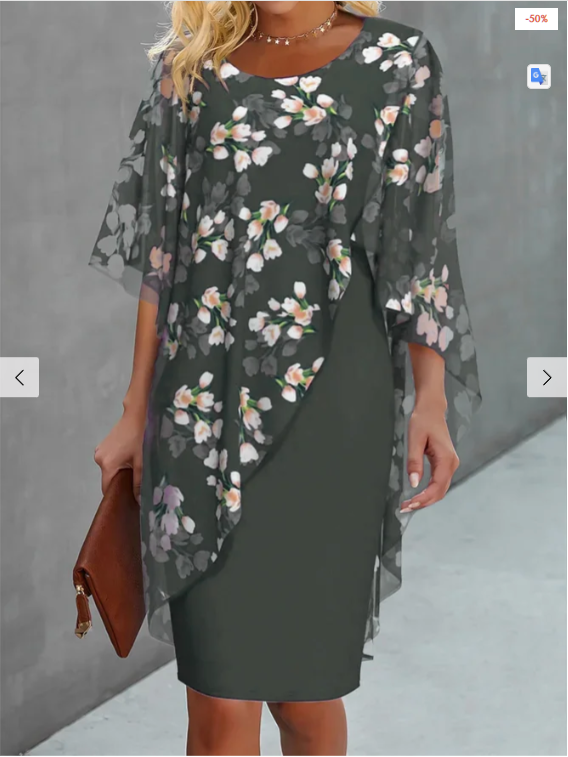 Floral Round Neck Chiffon Cape Sheath Midi Dress
