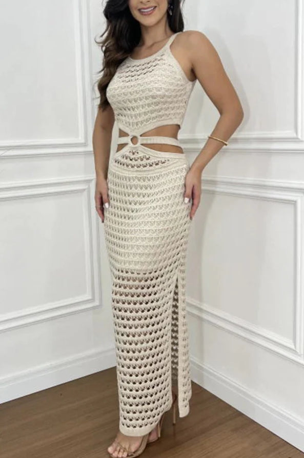 Crochet Knit Scoop Neck Ring Waist Cut Out High Split Maxi Dress