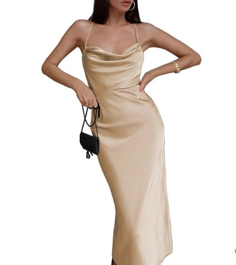 Spaghetti Strap Cowl Neck Side Cut Out Satin Maxi Cocktail Dress