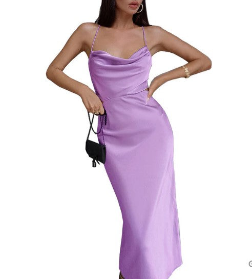 Spaghetti Strap Cowl Neck Satin Slip Bodycon Maxi Dress