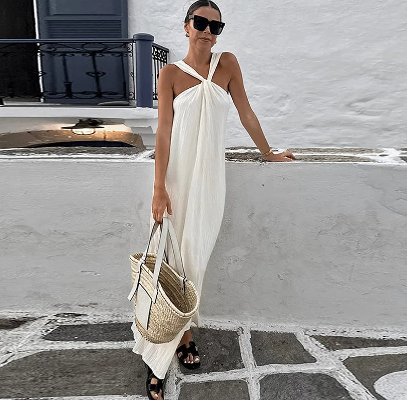 Crinkled Pleated Halter Neck Twist Front Sleeveless Flowy A-Line Maxi Summer Dress