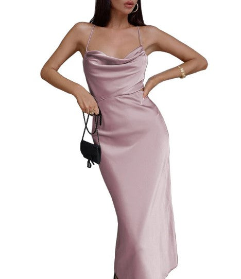 Spaghetti Strap Cowl Neck Side Cut Out Satin Maxi Cocktail Dress