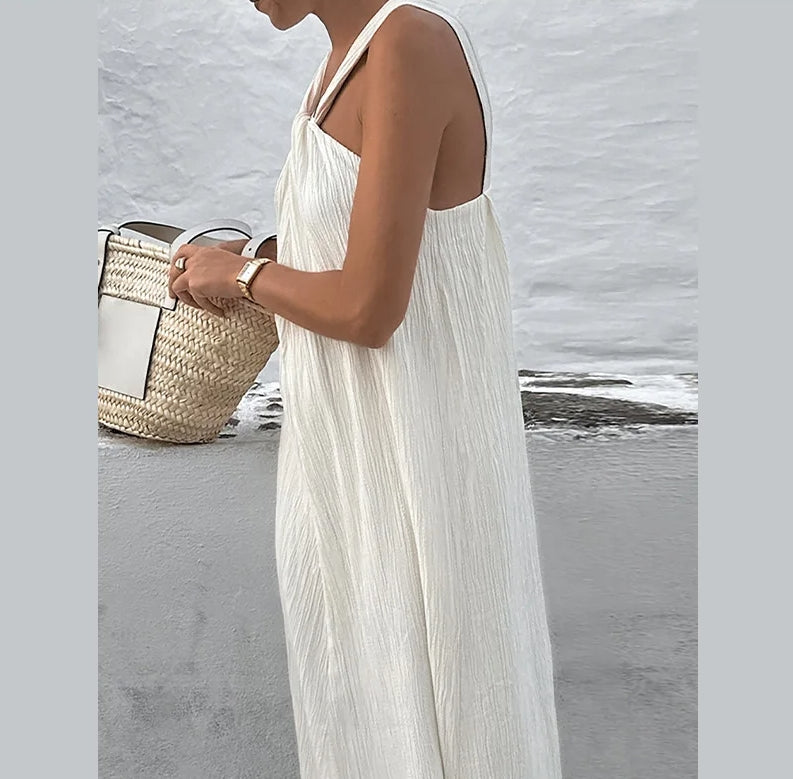 Crinkle Textured Halter Neck Twist Front Sleeveless Flowy Maxi Dress