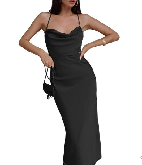 Spaghetti Strap Cowl Neck Satin Slip Bodycon Maxi Dress