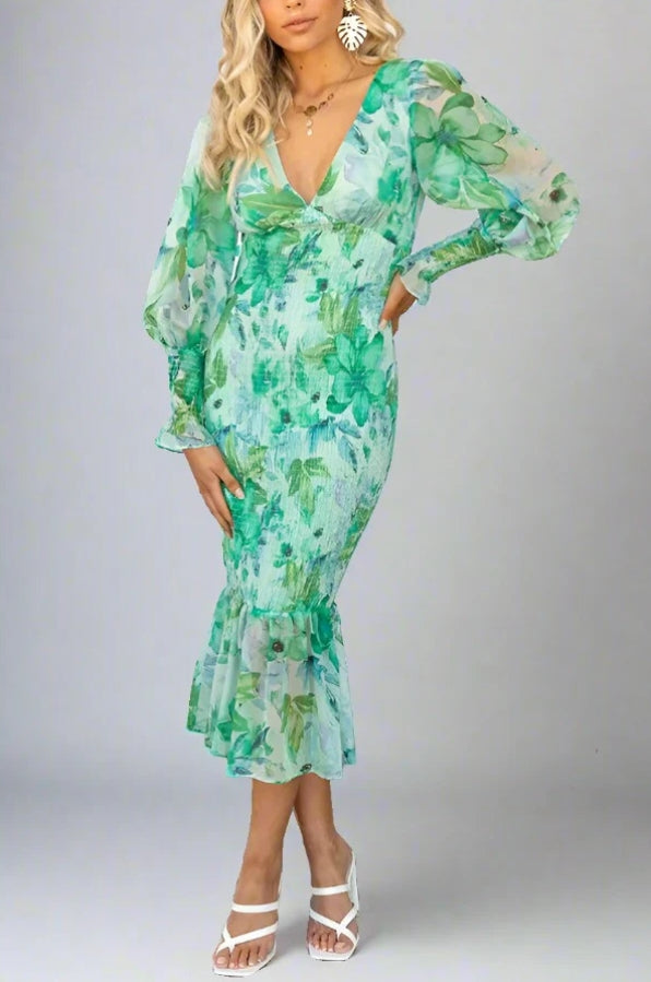 Claudia Minimalist Bloom Print Midi Dress Elevated Occasion Wear