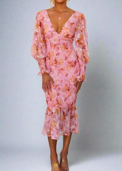 Aria Luxe Bloom Print Midi Dress Elevated Occasion Wear