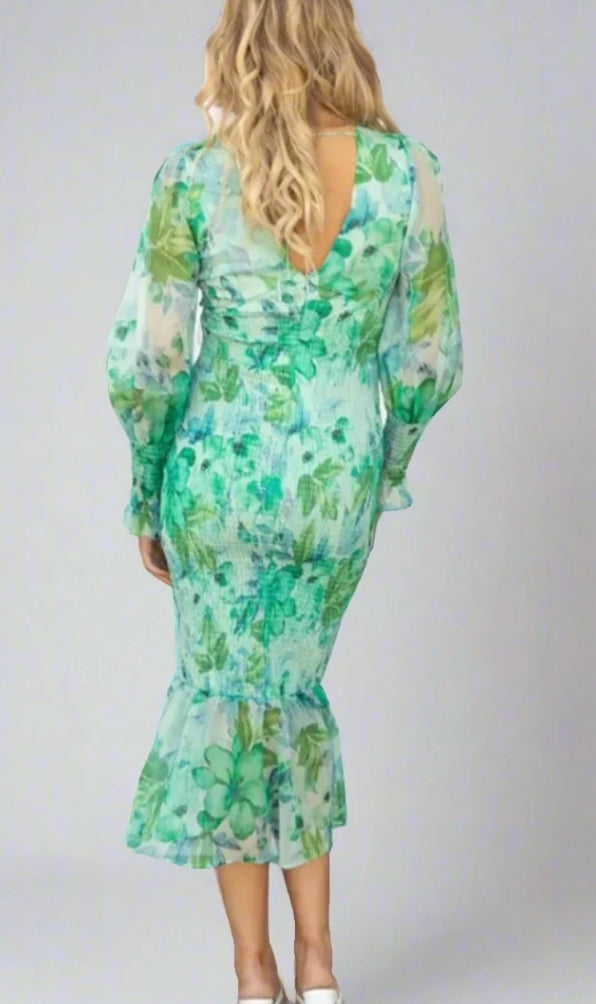 Claudia Minimalist Bloom Print Midi Dress Elevated Occasion Wear