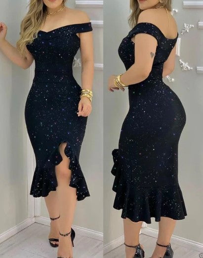 Elisabeth Minimalist Shiny Off Shoulder Cocktail Dress Designer Edit