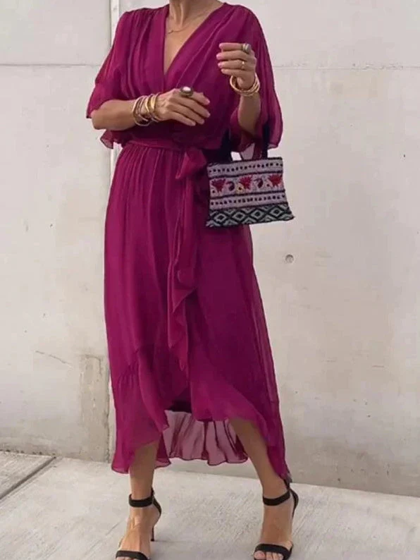 Pleated Chiffon Wrap V-Neck Kimono Sleeve Tie Waist Ruffle Maxi Dress