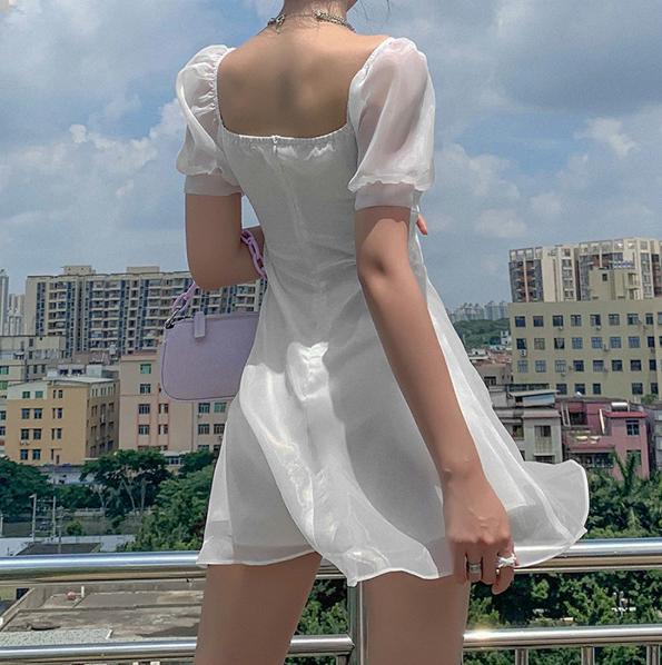 Sheer Puff Sleeve Ruched Tie Front Sweetheart Mini Dress