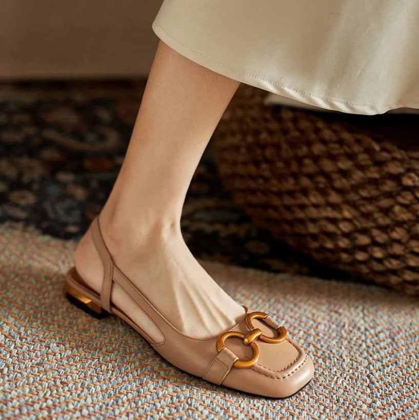 Metal Buckle Square Toe Slingback Low Heel Flats