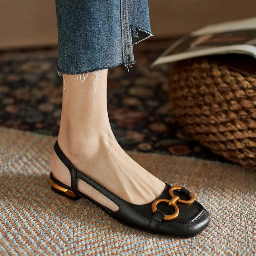 Square Toe Metal Ring Slingback Low Block Heel Pumps