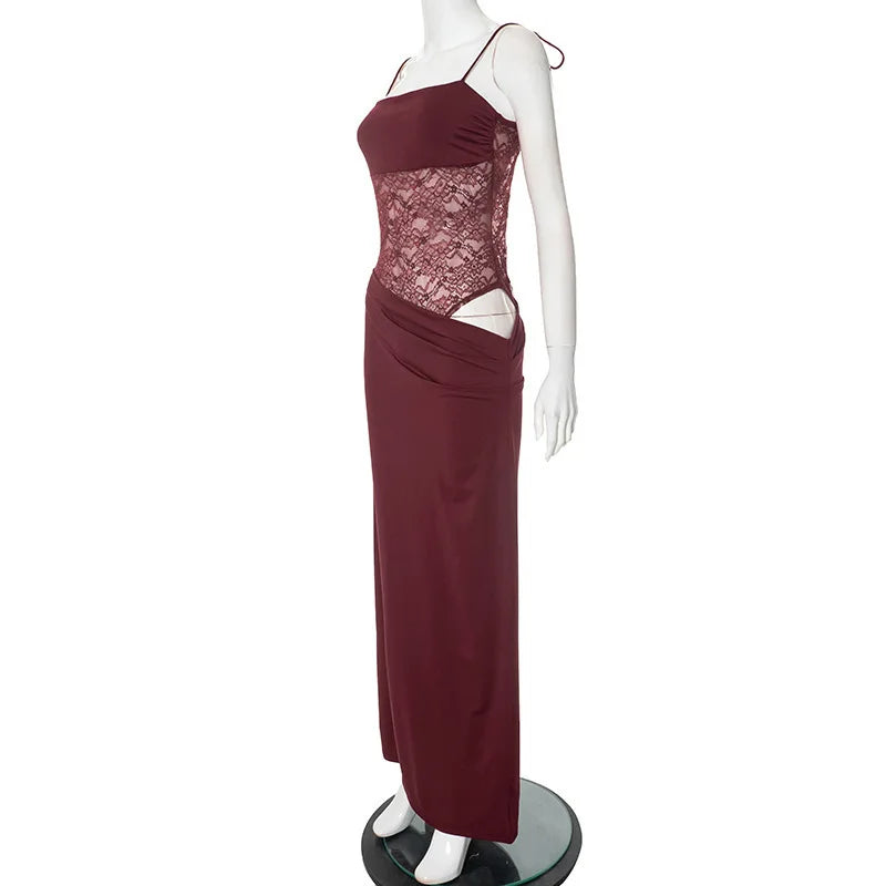 Spaghetti Strap Sheer Lace Waist Panel Bodycon Maxi Dress 8