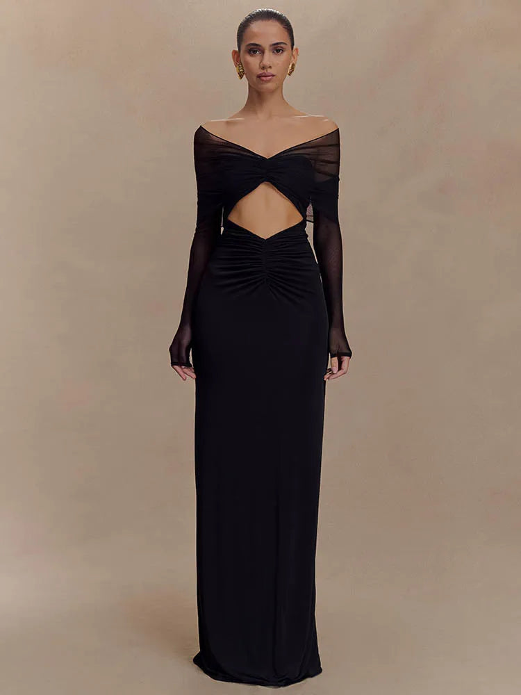 Off Shoulder Long Sleeve Cut Out Ruched Maxi Dress