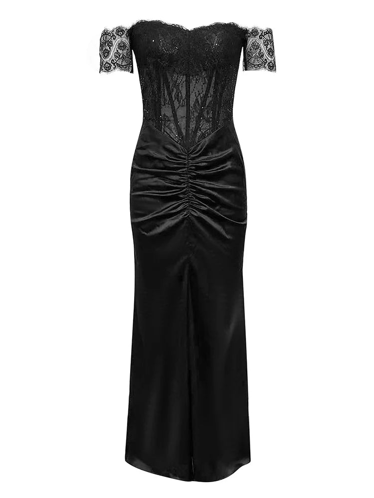 Lace Corset Off Shoulder Sweetheart Ruched Front Maxi Gown