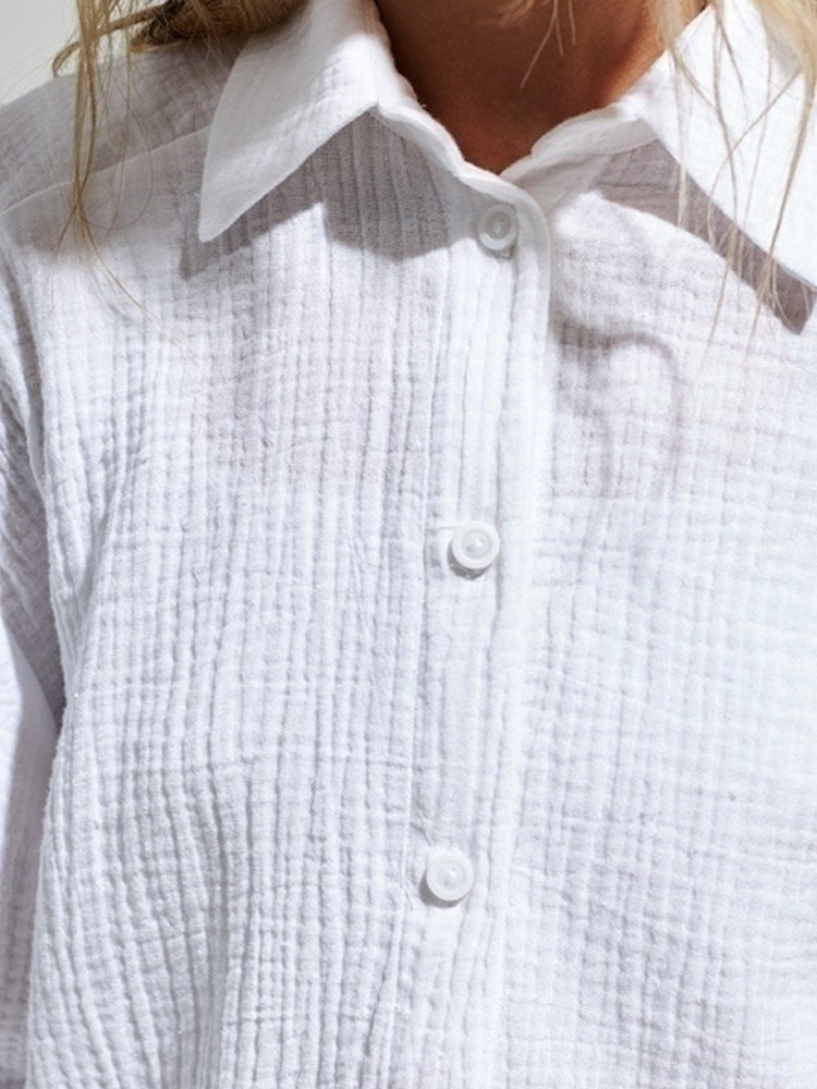 Textured Gauze Collared Button Up Long Sleeve Oversized Shirt 8