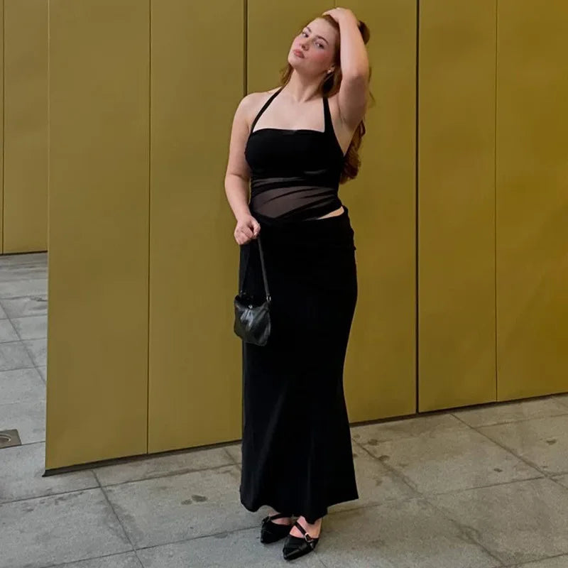 Mesh Halter Neck Backless Ruched Bodycon Maxi Dress