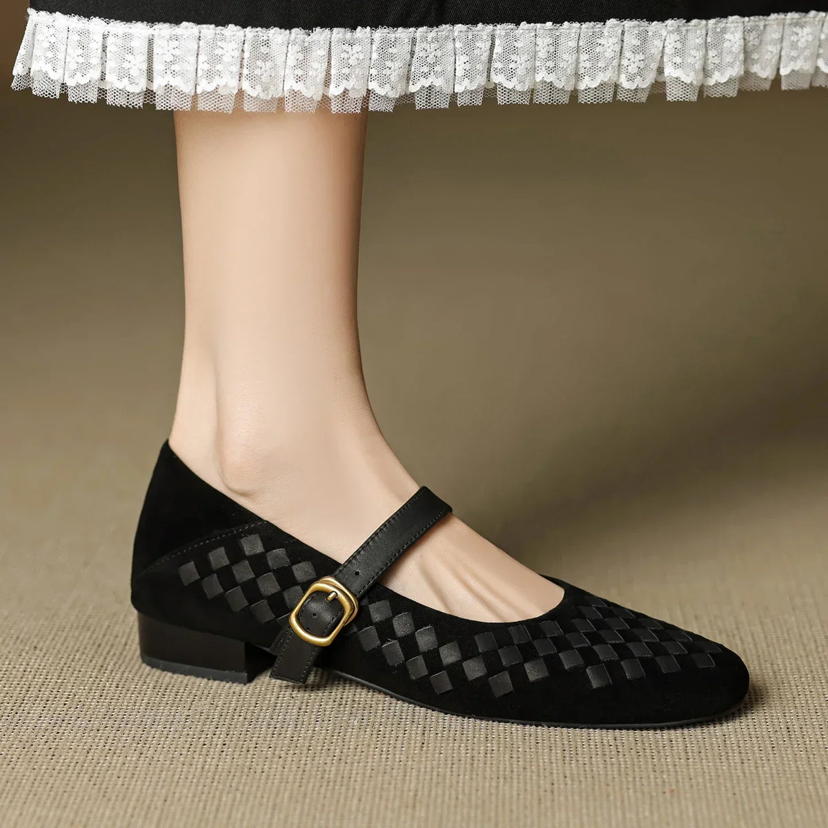 Woven Suede-Look Square Toe Buckle Strap Mary Jane Flats
