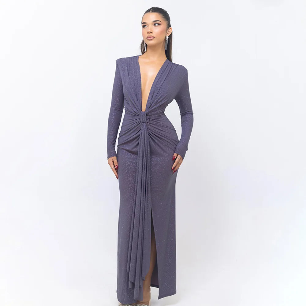 Elastic Deep V - Fold Lace Maxi Dress - View 6