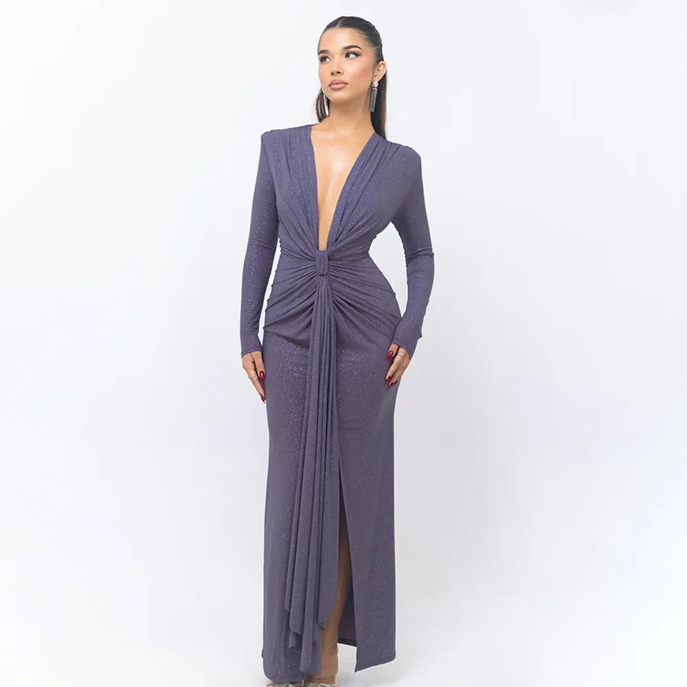 Glitter Deep V-Neck Long Sleeve Twist Front Ruched Maxi Dress 6