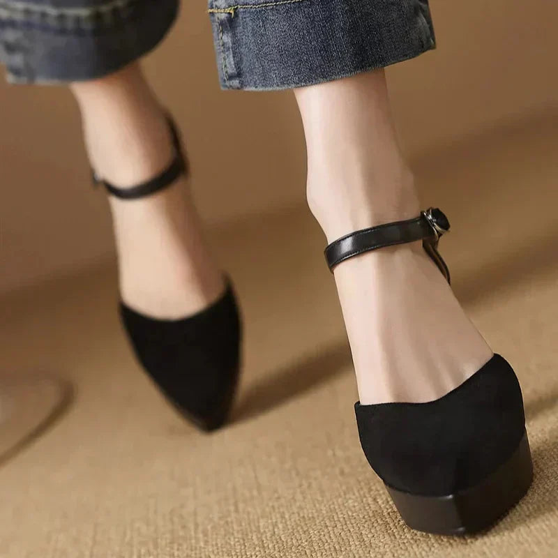 Suede Ankle Strap Platform Block Heel Pumps