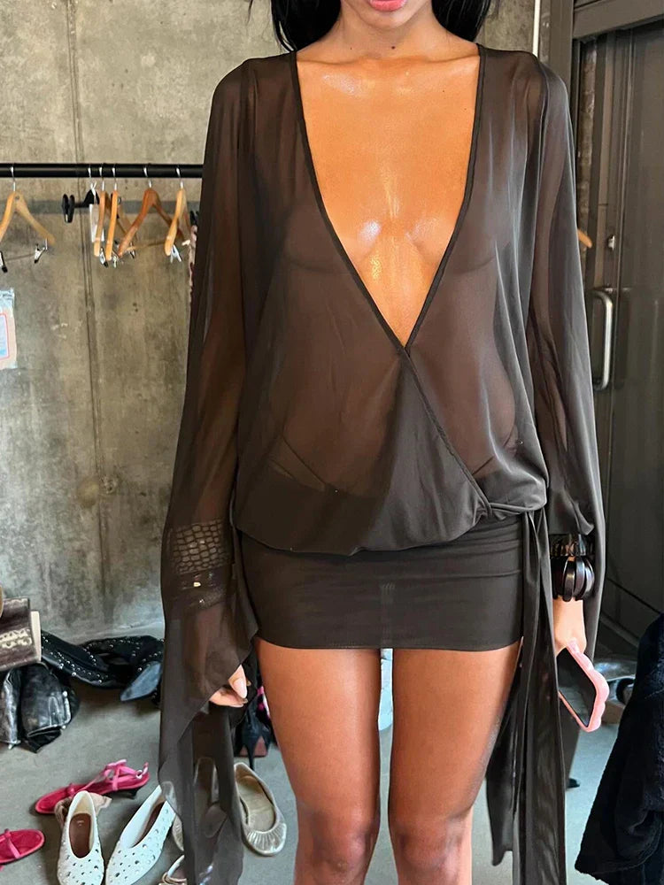 Mesh Irregular Bandage Low Neck Mini Dress - View 3
