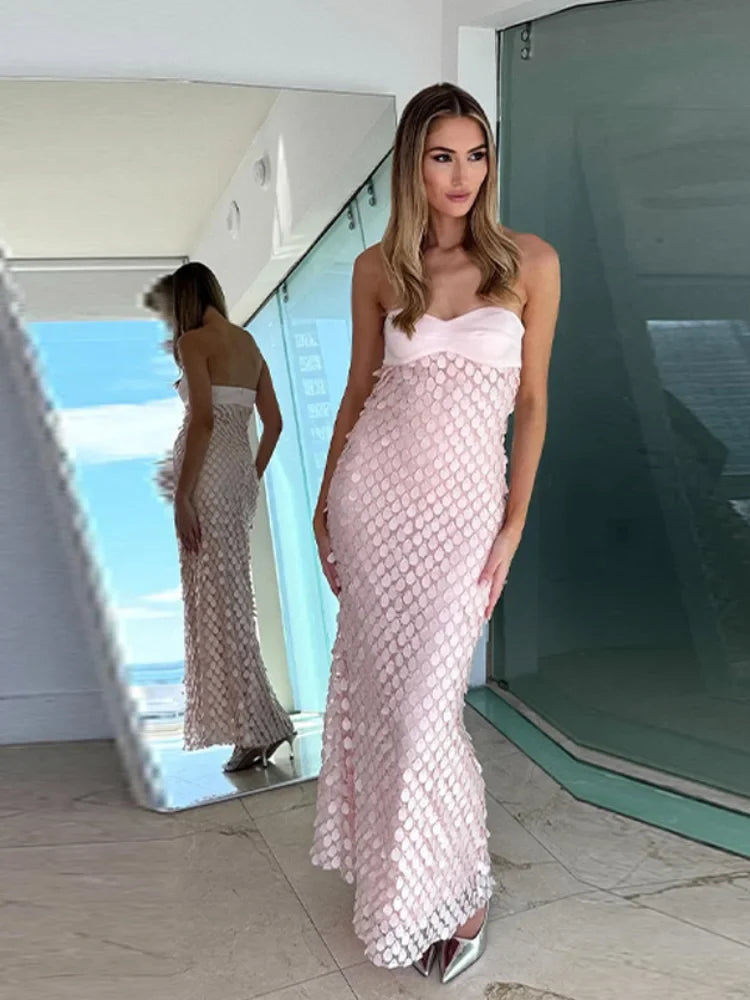 Strapless Sweetheart Neck Scale Sequin Bodycon Maxi Dress 4