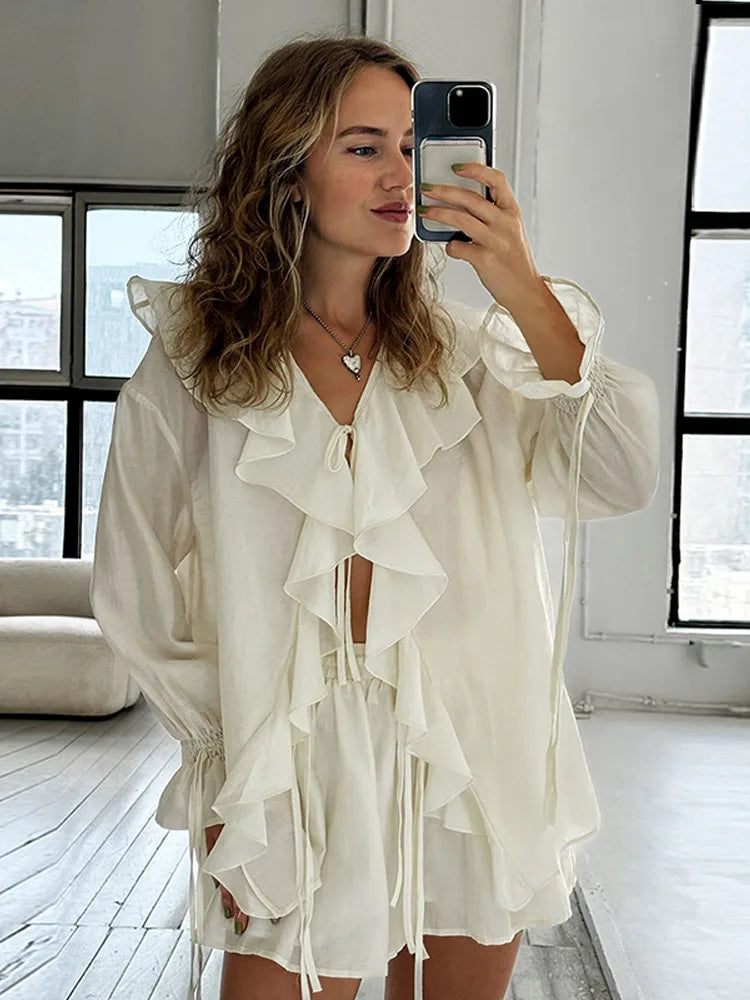 Deep V-Neck Ruffle Long Sleeve Smocked Cuff Blouse Drawstring Shorts Two Piece Set