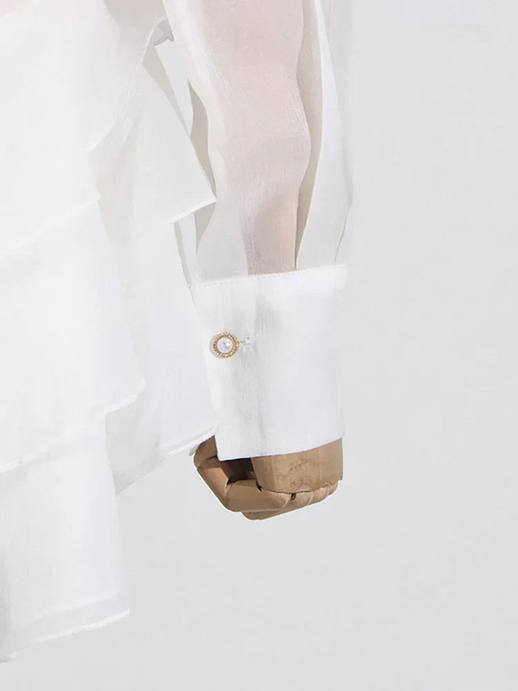 Sheer Long Sleeve Wrap Shirt Collar Rosette Tiered Ruffle Mini Dress