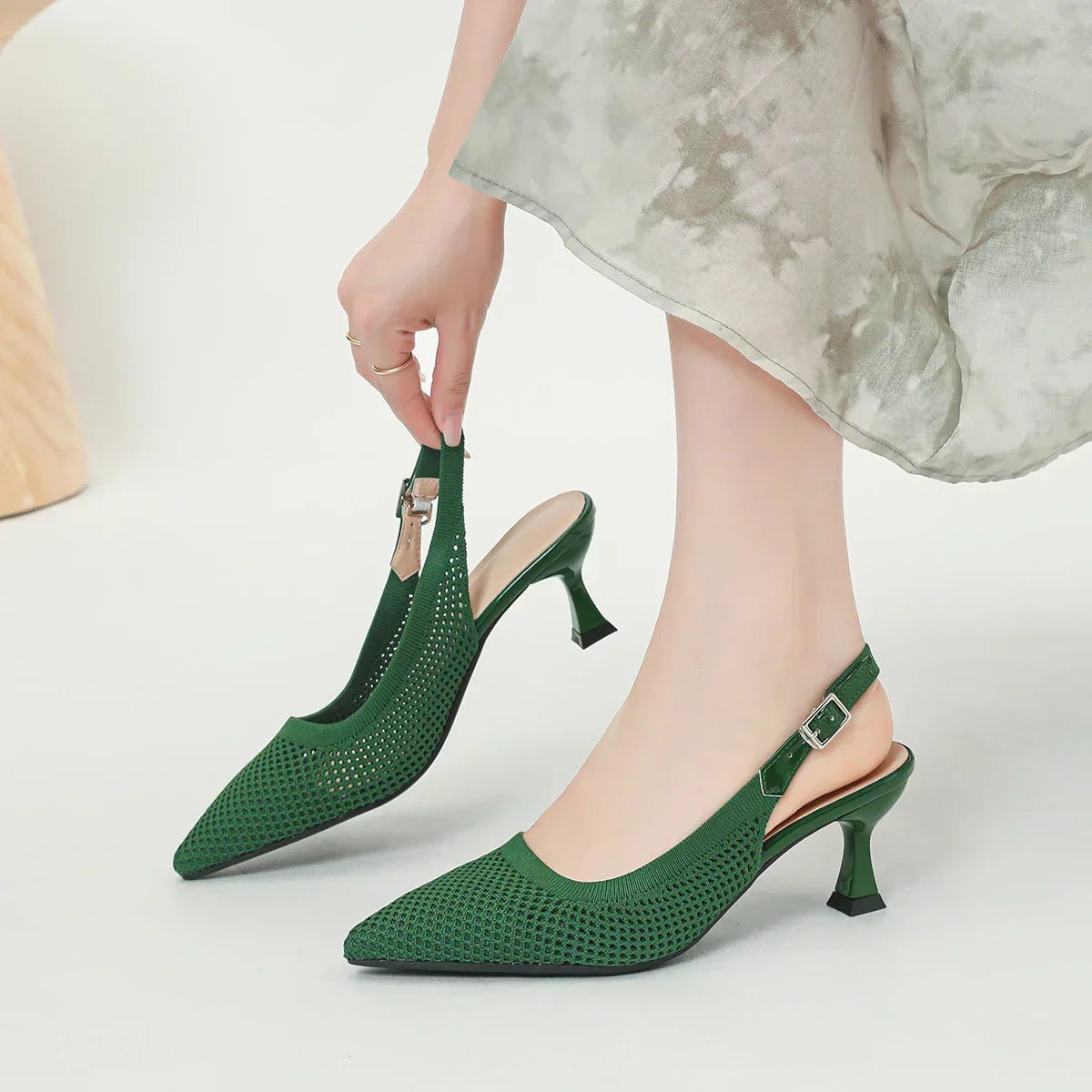 Pointed Toe Slingback Mesh Kitten Heel Pumps