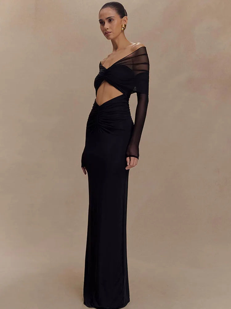 Off Shoulder Long Sleeve Cut Out Ruched Maxi Dress