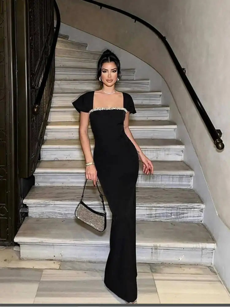 Rhinestone Trim Square Neck Cap Sleeve Bodycon Maxi Dress