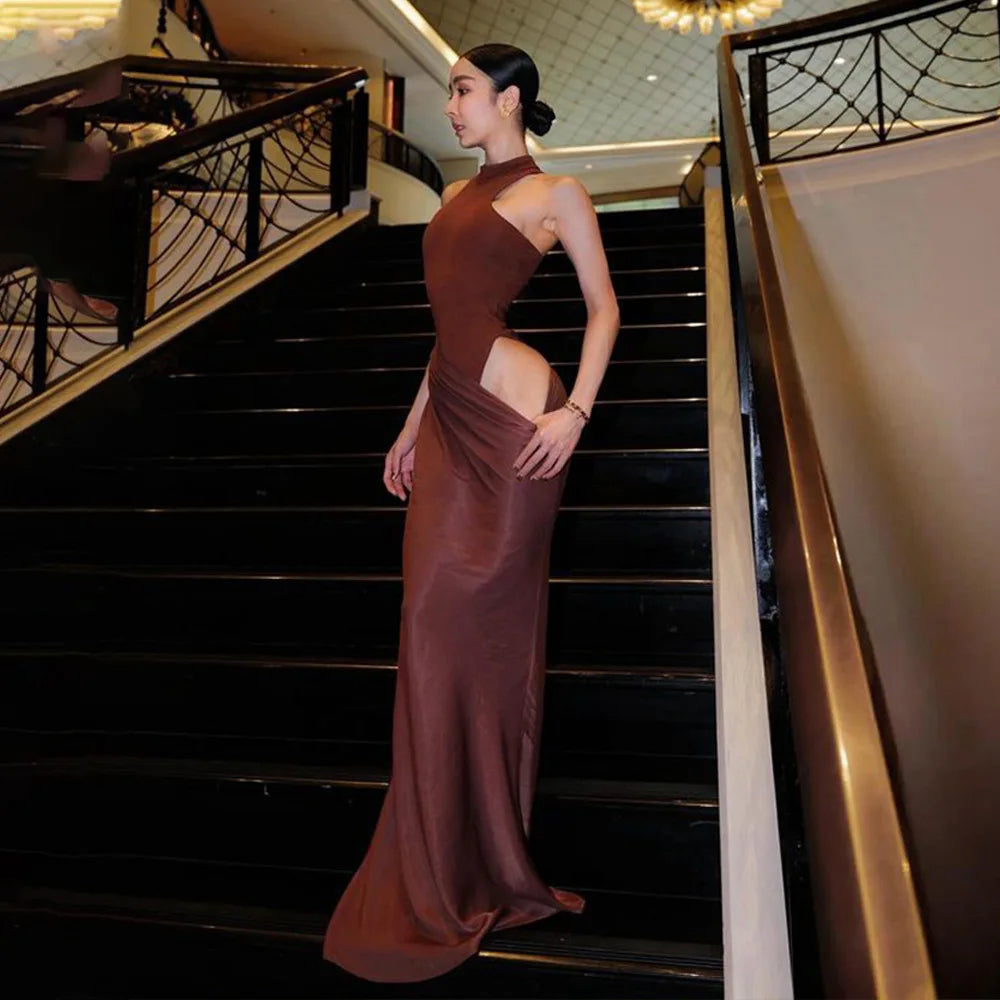 Halter Neck Sleeveless Ribbed Bodice Draped Waist Satin Maxi Gown